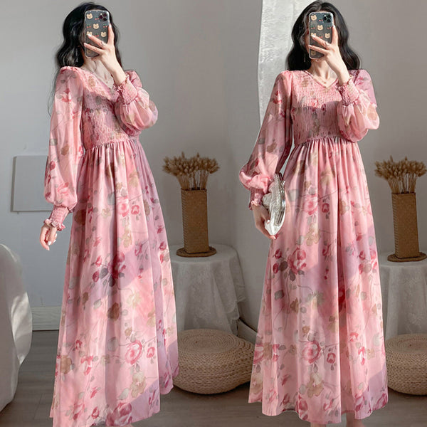 Plus Size Pink Floral Scrunch Long Sleeve Midi Dress