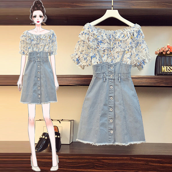 Plus Size Off Shoulder Blouse and Denim Suspender Skirt