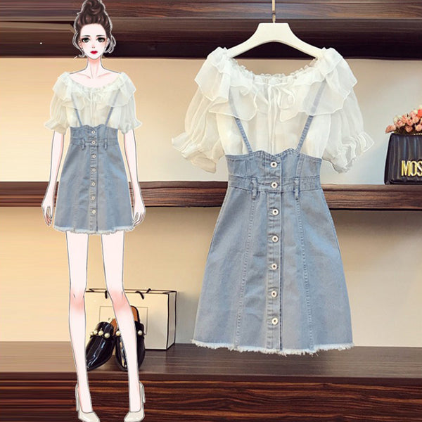 Plus Size Off Shoulder Blouse and Denim Suspender Skirt