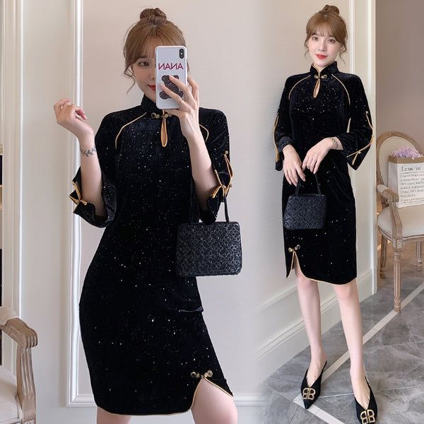 Plus Size Black Velvet Cheongsam Qipao