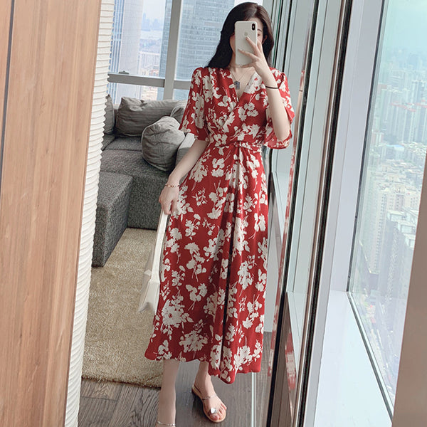 Plus Size Red Wrap Floral Midi Dress