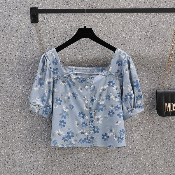 Plus Size Floral Denim Button Square Neck Top