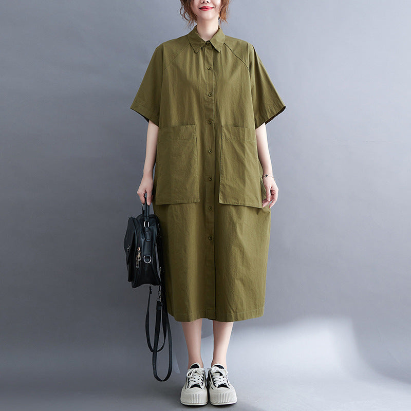 Plus Size Cargo Pockets Midi Shirt Dress