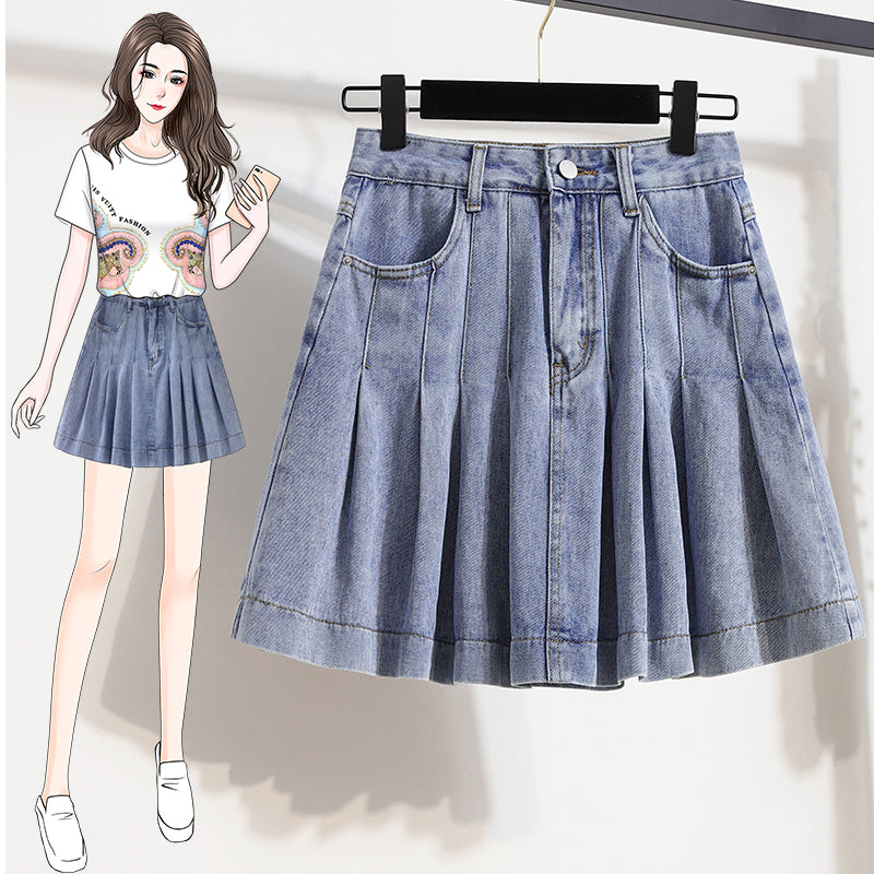 Plus Size Pleat Denim Mini Skirt