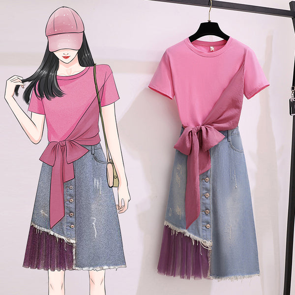 Plus Size Pink T Shirt and Midi Denim Skirt