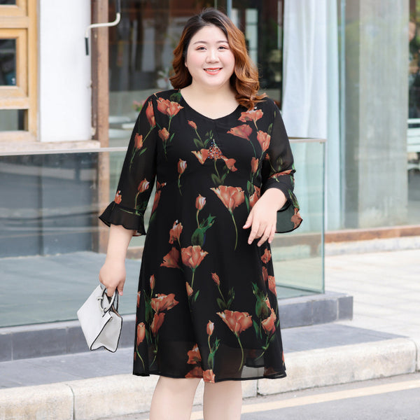 Plus Size Red Floral Chiffon Dress