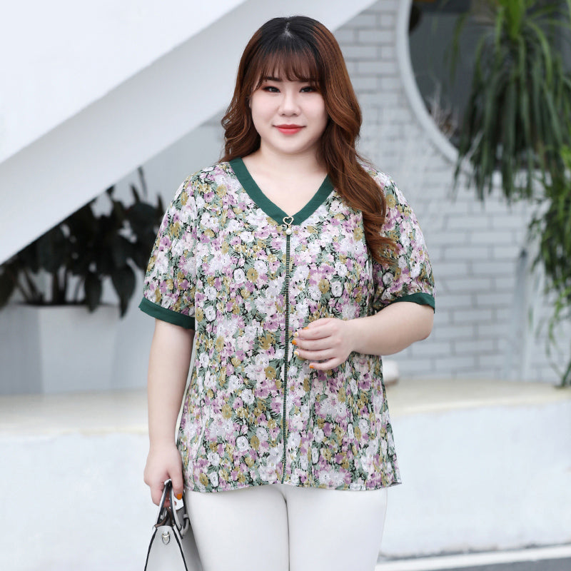 Plus Size Green Floral V Neck Blouse