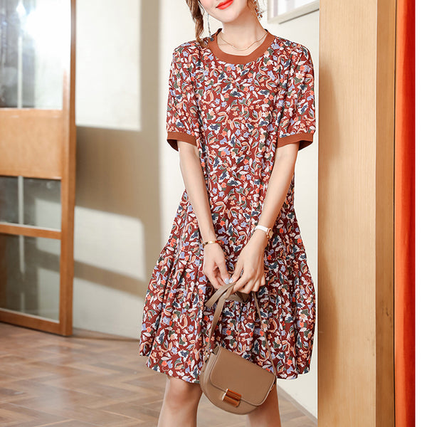 Plus Size Drop Waist Floral Brown Dress