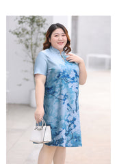 Plus Size Trumpet Sleeve Modern Cheongsam Day Dress Blue / 4XL