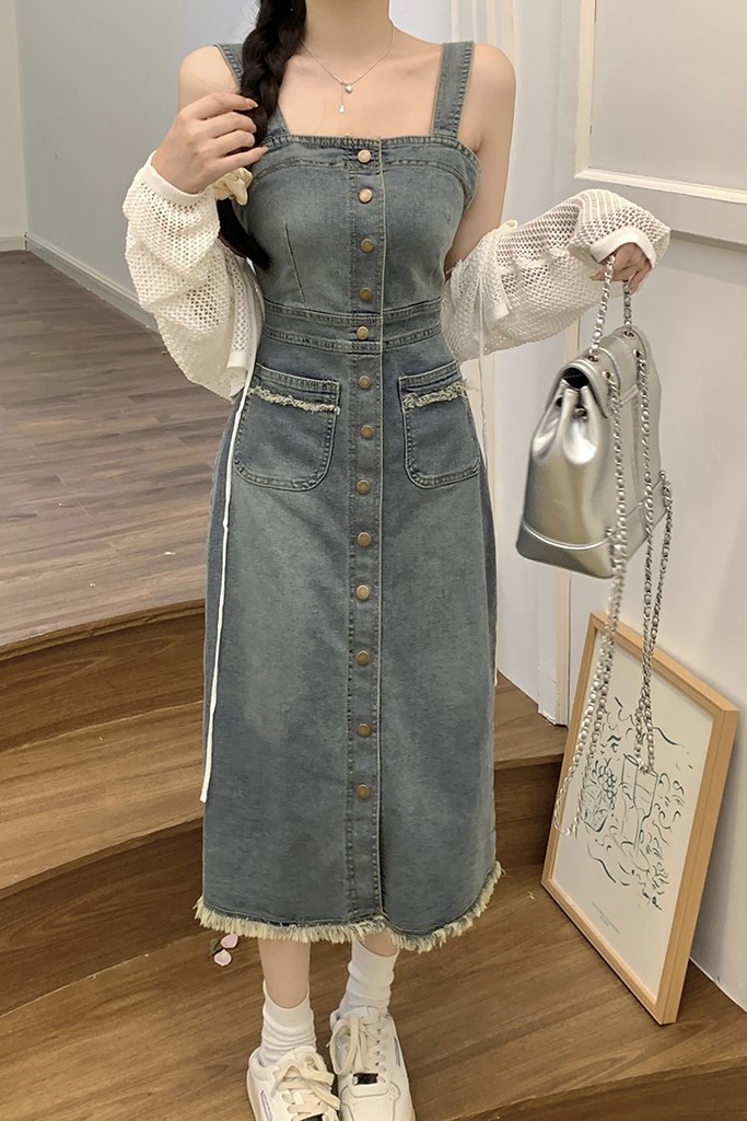 Plus Size Hollow Crop Cardigan and Denim Pinafore Pencil Dress Set Pluspreorder