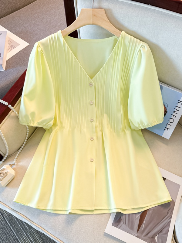 Plus Size Pastel Pleat V Neck Blouse