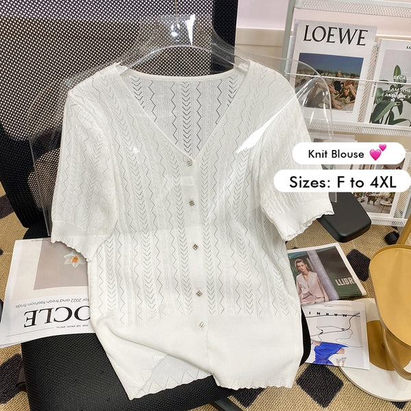 Plus Size Korean Pointelle Knit Blouse