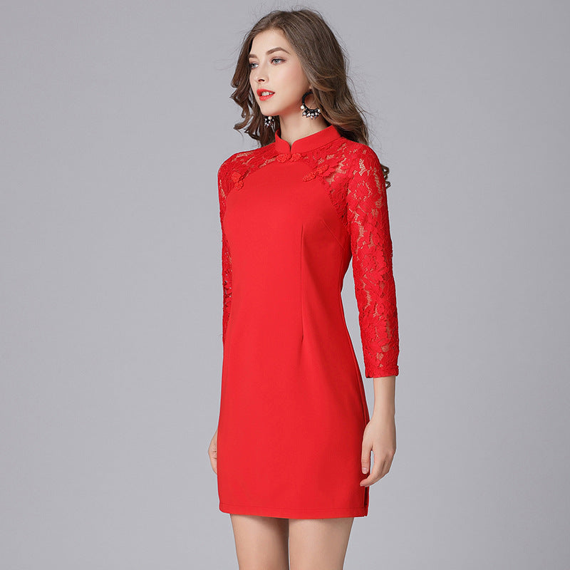 Red lace bodycon hot sale dress long sleeve