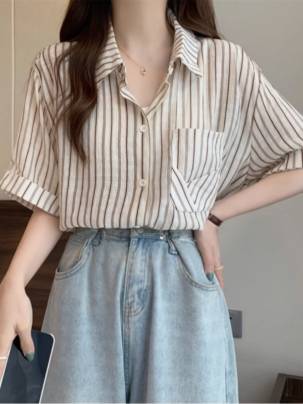 Plus Size Stripe Pocket Loose Short Sleeve Shirt