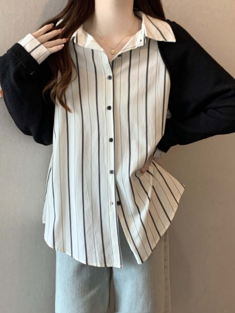 Plus Size Stripes Knit Layer Long Sleeve Shirt Blouse – Pluspreorder