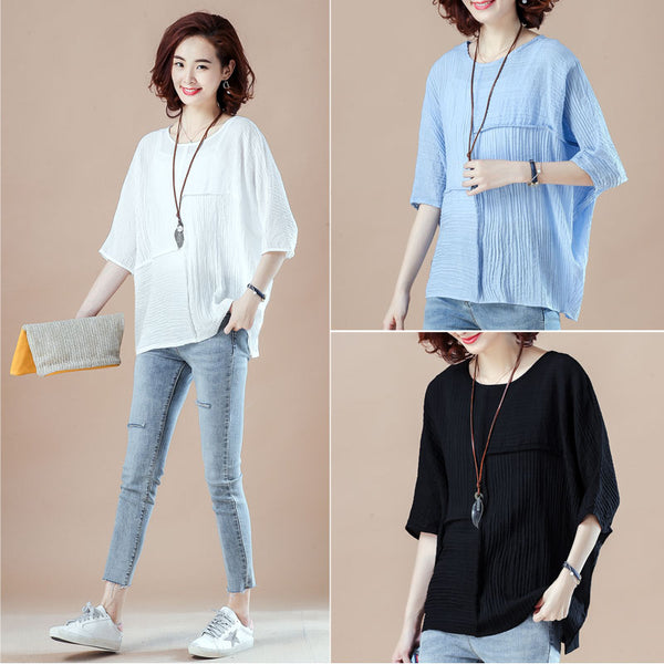 Plus Size Textured Loose Mid Sleeve Blouse