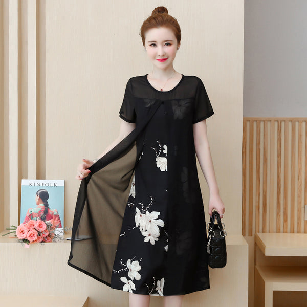 Plus Size Chiffon Floral Inner Layer Midi Dress