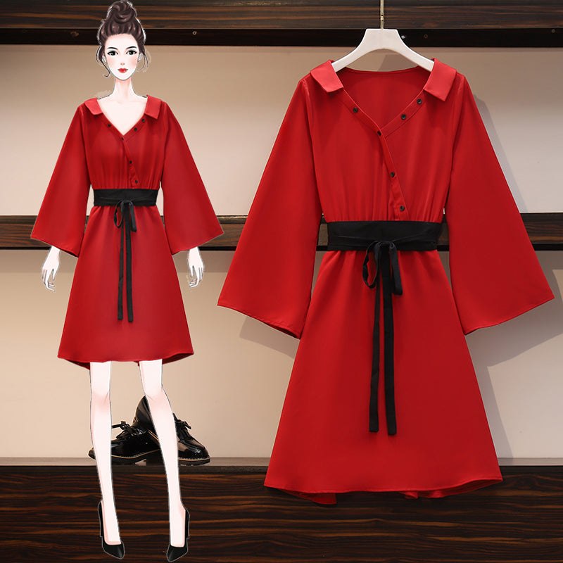 Plus Size Kimono Red V Neck Shirt Collar Wide Sleeves Waist Belt